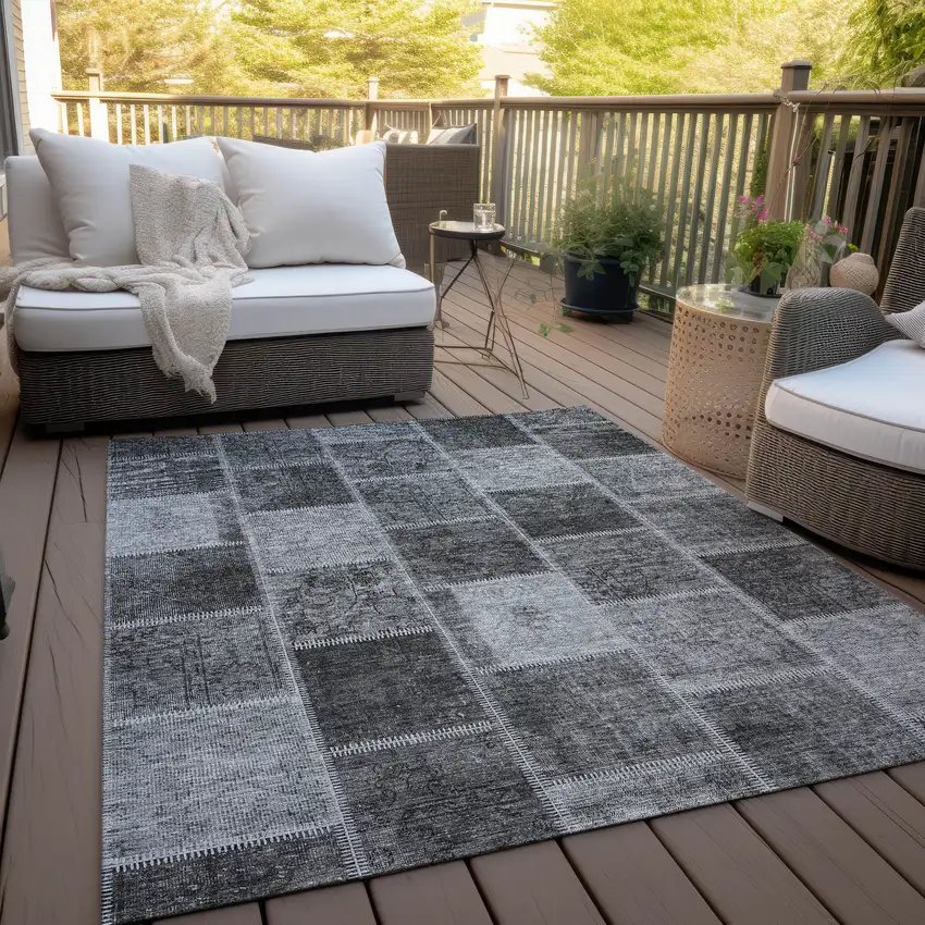 Gray Charcoal And Silver Patchwork Washable Indoor Outdoor Area Rug Photo 8