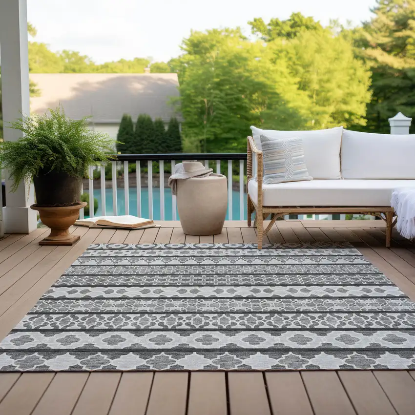Gray Charcoal And Silver Quatrefoil Washable Indoor Outdoor Area Rug Photo 9