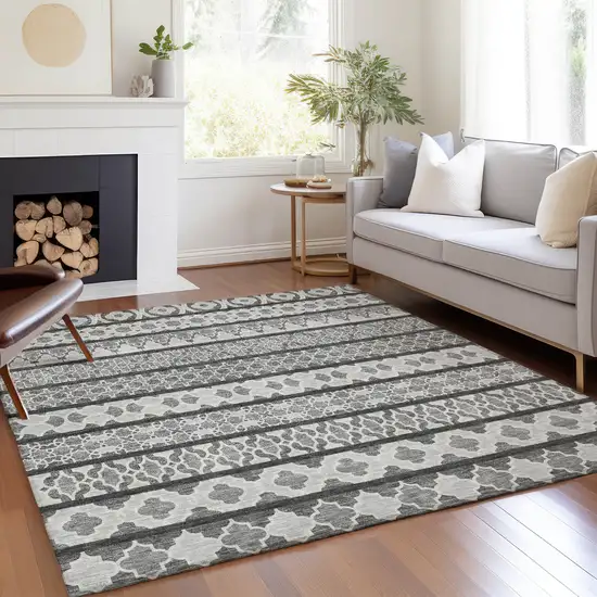 Gray Charcoal And Silver Quatrefoil Washable Indoor Outdoor Area Rug Photo 7