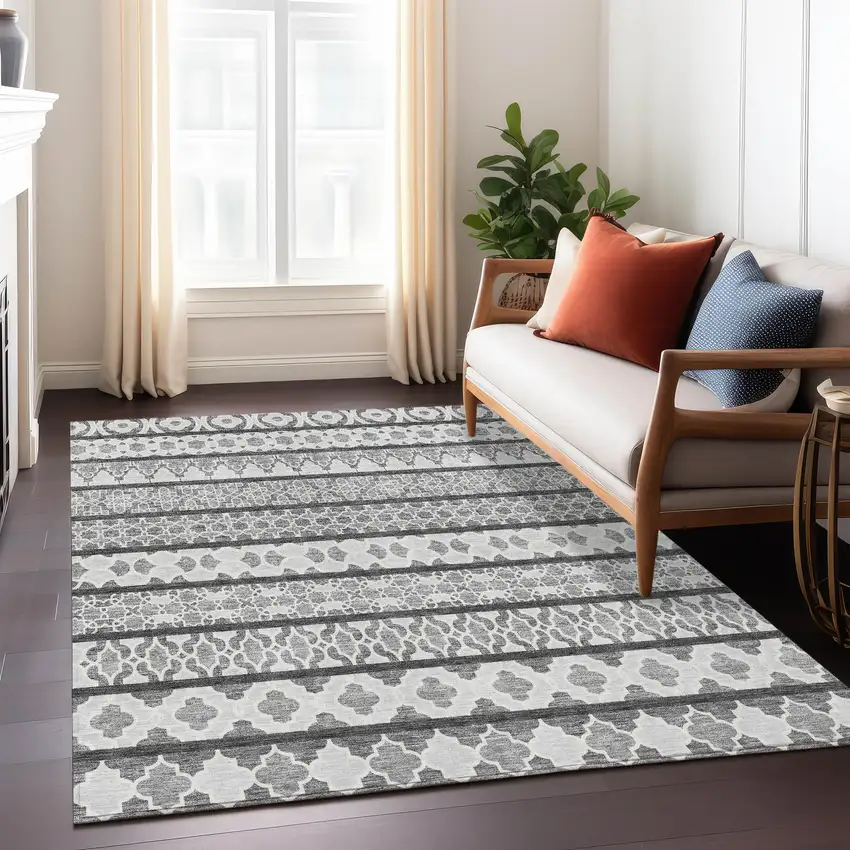 Gray Charcoal And Silver Quatrefoil Washable Indoor Outdoor Area Rug Photo 9
