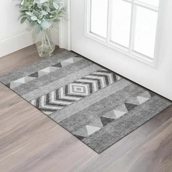 Gray Charcoal And Silver Southwestern Washable Area Rug With UV Protection Photo 2