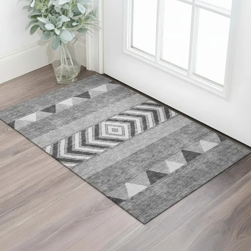 Gray Charcoal And Silver Southwestern Washable Area Rug With UV Protection Photo 2