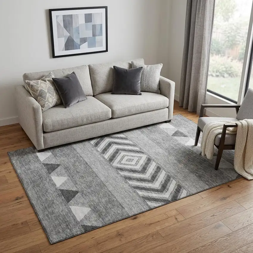 Gray Charcoal And Silver Southwestern Washable Area Rug With UV Protection Photo 1