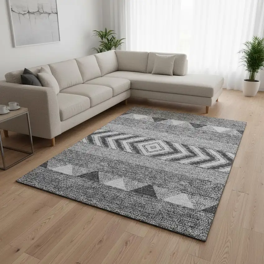 Gray Charcoal And Silver Southwestern Washable Area Rug With UV Protection Photo 2