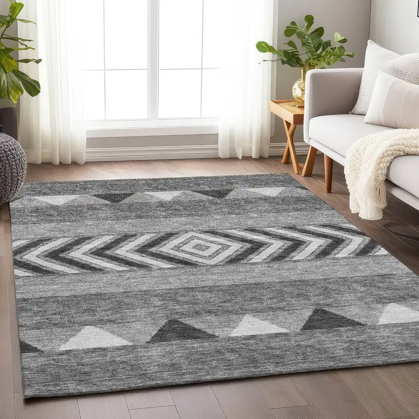 Gray Charcoal And Silver Southwestern Washable Area Rug With UV Protection Photo 4