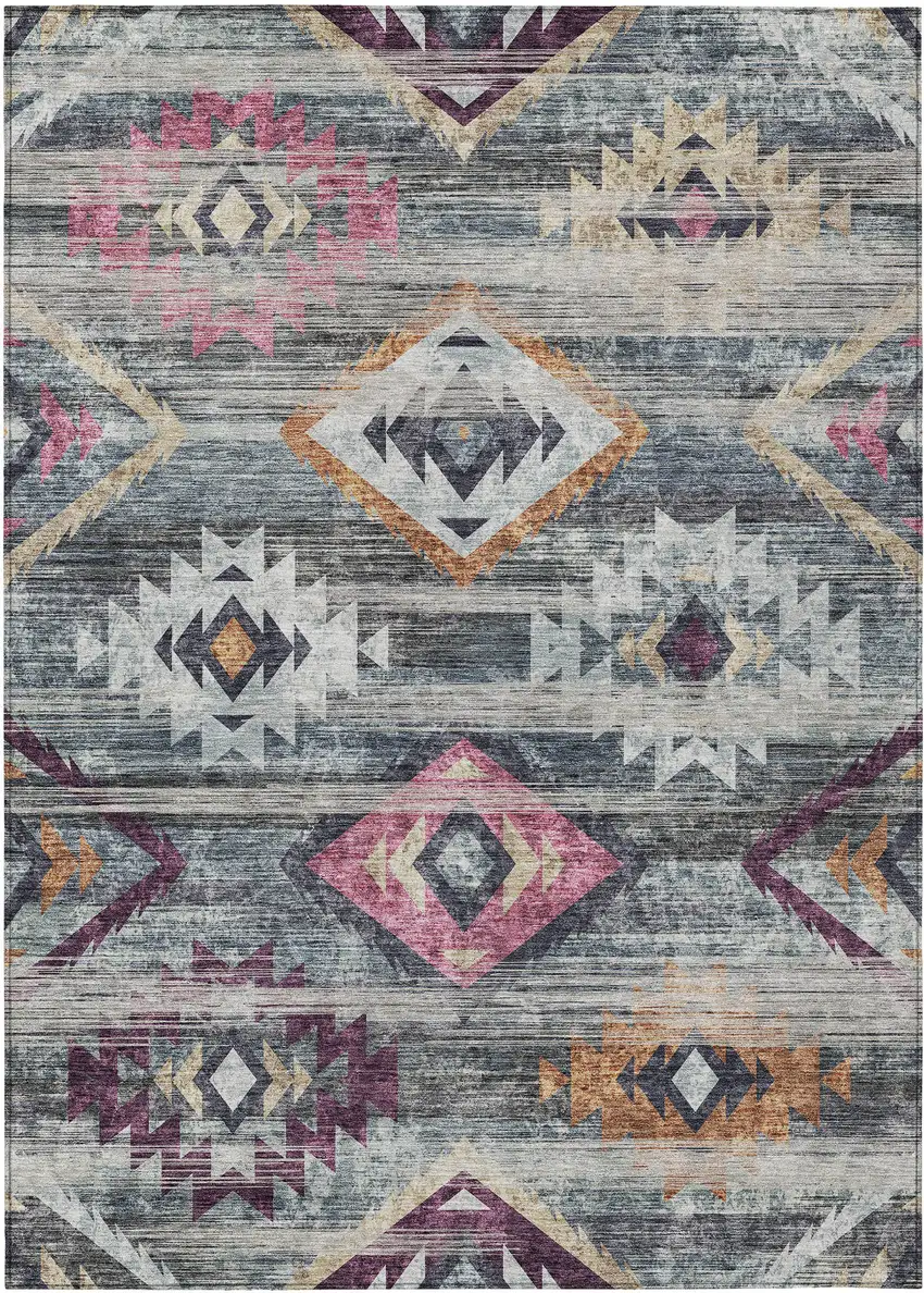 Gray Charcoal And Silver Southwestern Washable Indoor Outdoor Area Rug Photo 2