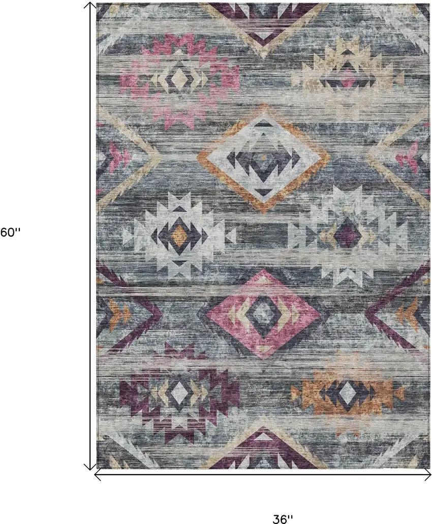 Gray Charcoal And Silver Southwestern Washable Indoor Outdoor Area Rug Photo 3