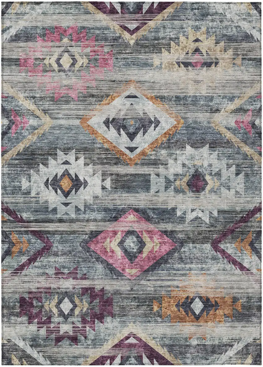 Gray Charcoal And Silver Southwestern Washable Indoor Outdoor Area Rug Photo 2