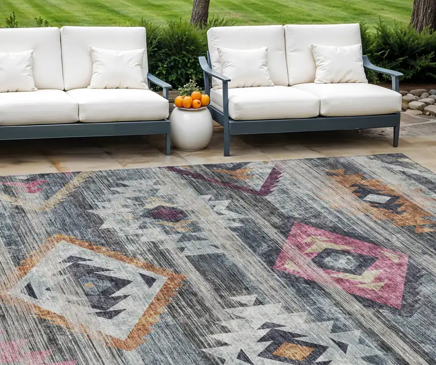 Gray Charcoal And Silver Southwestern Washable Indoor Outdoor Area Rug Photo 1