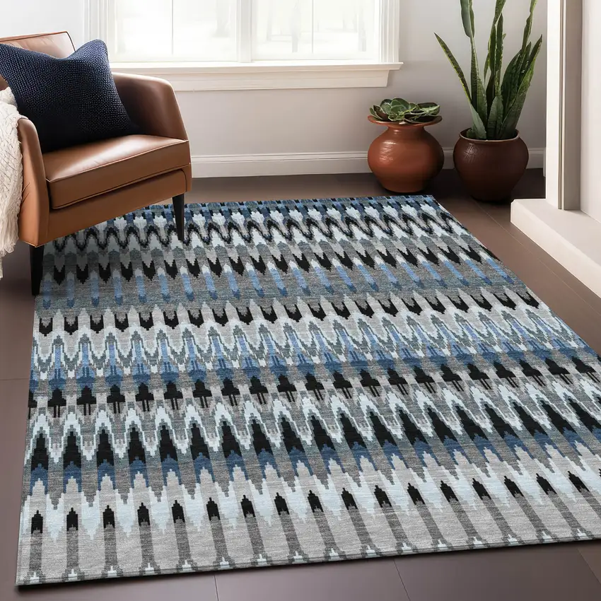 Gray Charcoal And Silver Southwestern Washable Indoor Outdoor Area Rug Photo 9