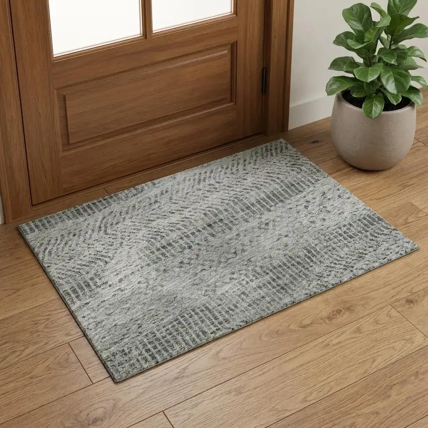 Gray Charcoal And Silver Striped Washable Area Rug With UV Protection Photo 1