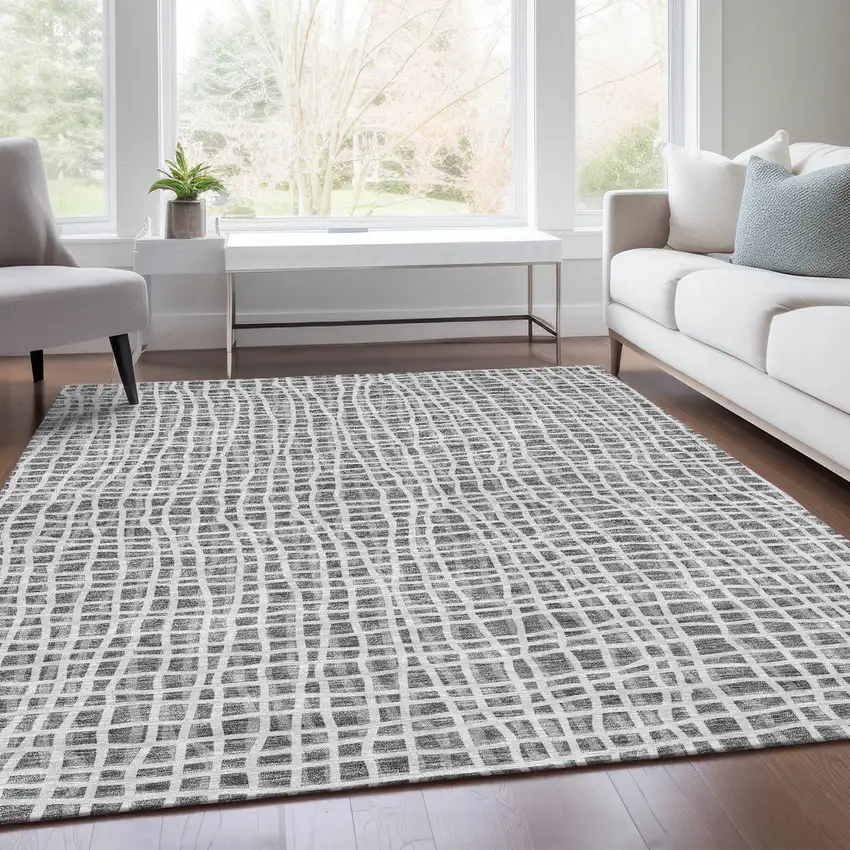Gray Charcoal And Silver Striped Washable Indoor Outdoor Area Rug Photo 8