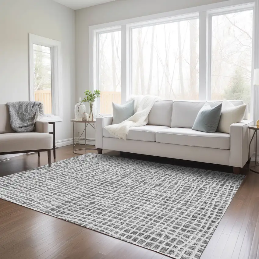 Gray Charcoal And Silver Striped Washable Indoor Outdoor Area Rug Photo 9