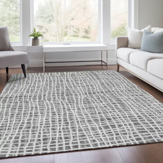 Gray Charcoal And Silver Striped Washable Indoor Outdoor Area Rug Photo 8