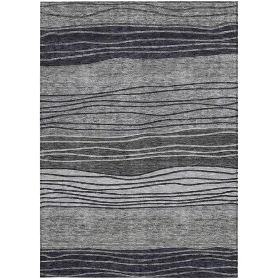 Gray Charcoal And Silver Striped Washable Indoor Outdoor Area Rug Photo 5