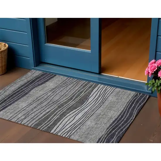 Gray Charcoal And Silver Striped Washable Indoor Outdoor Area Rug Photo 1