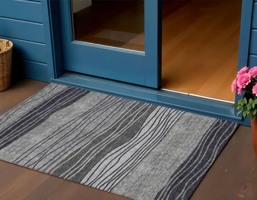 Gray Charcoal And Silver Striped Washable Indoor Outdoor Area Rug Photo 1