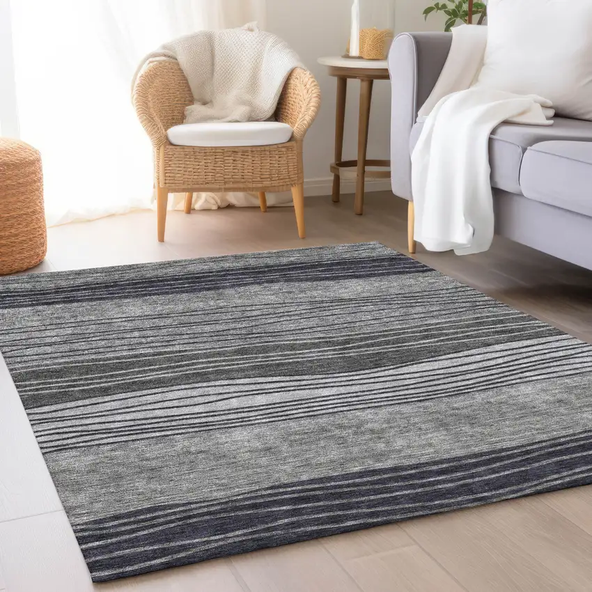Gray Charcoal And Silver Striped Washable Indoor Outdoor Area Rug Photo 7