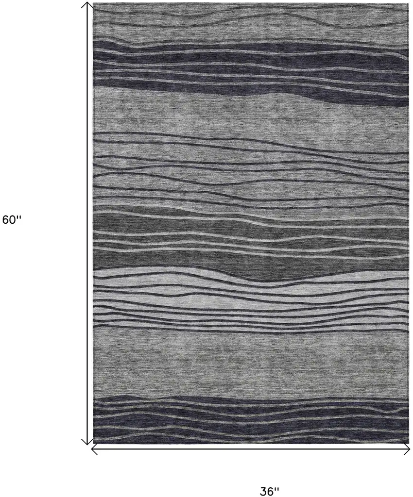 Gray Charcoal And Silver Striped Washable Indoor Outdoor Area Rug Photo 3