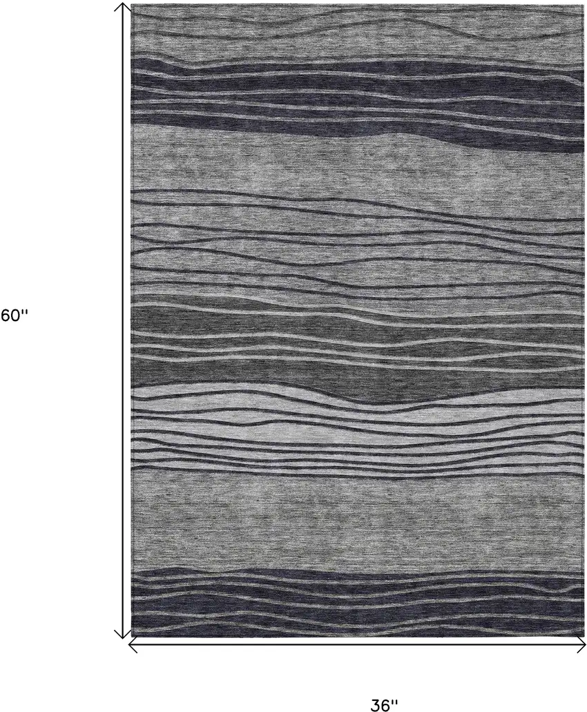 Gray Charcoal And Silver Striped Washable Indoor Outdoor Area Rug Photo 3