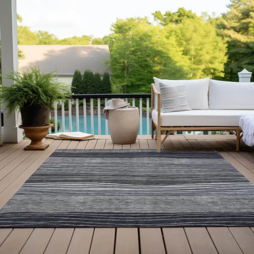 Gray Charcoal And Silver Striped Washable Indoor Outdoor Area Rug Photo 9