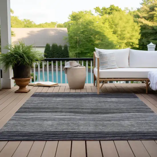Gray Charcoal And Silver Striped Washable Indoor Outdoor Area Rug Photo 9