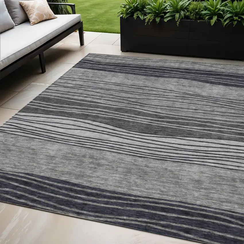 Gray Charcoal And Silver Striped Washable Indoor Outdoor Area Rug Photo 1