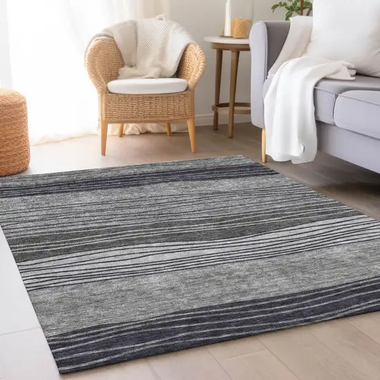 Gray Charcoal And Silver Striped Washable Indoor Outdoor Area Rug Photo 8