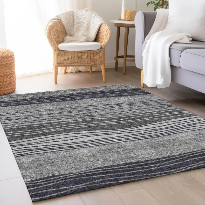 Gray Charcoal And Silver Striped Washable Indoor Outdoor Area Rug Photo 8