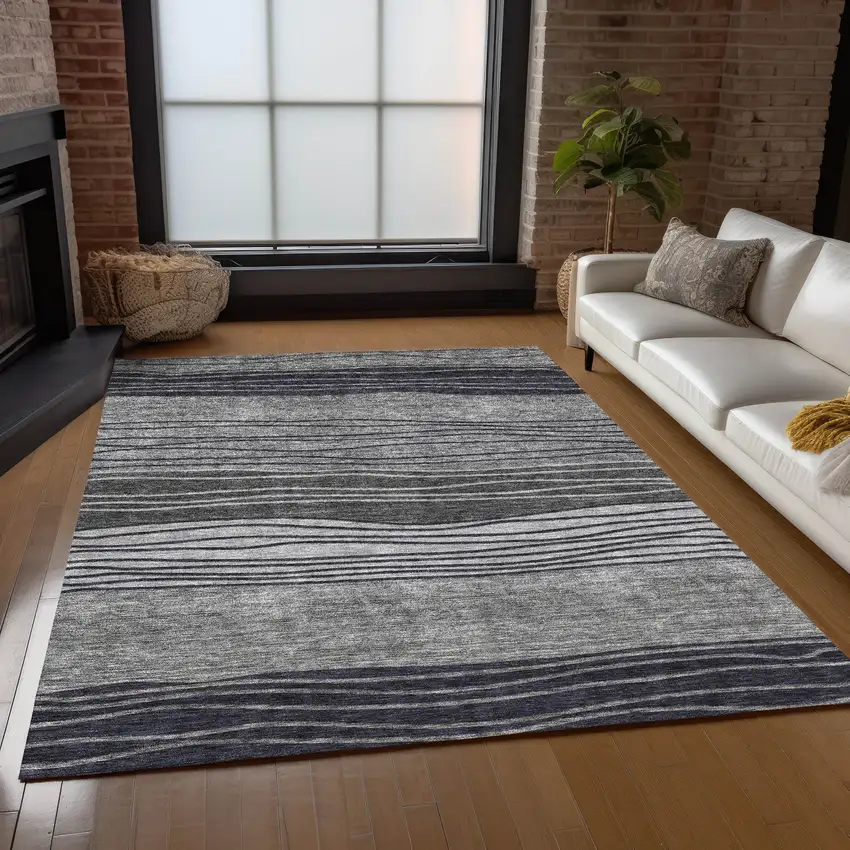 Gray Charcoal And Silver Striped Washable Indoor Outdoor Area Rug Photo 9