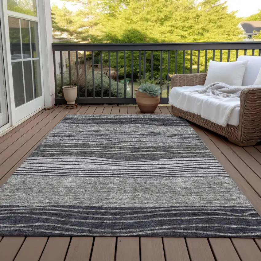 Gray Charcoal And Silver Striped Washable Indoor Outdoor Area Rug Photo 5