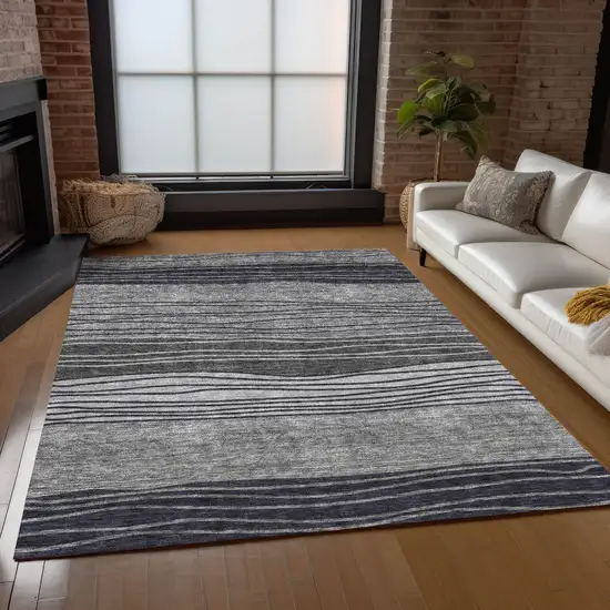Gray Charcoal And Silver Striped Washable Indoor Outdoor Area Rug Photo 7