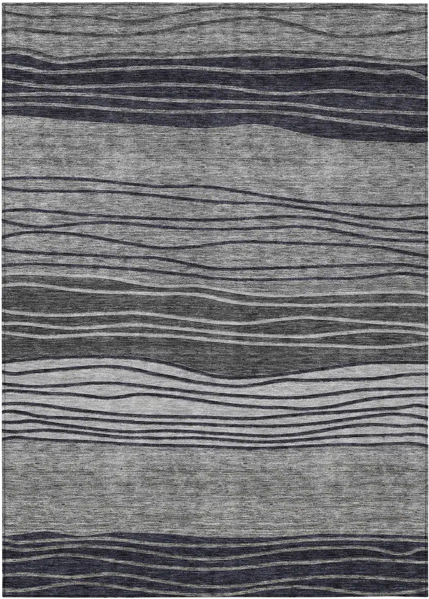 Gray Charcoal And Silver Striped Washable Indoor Outdoor Area Rug Photo 2