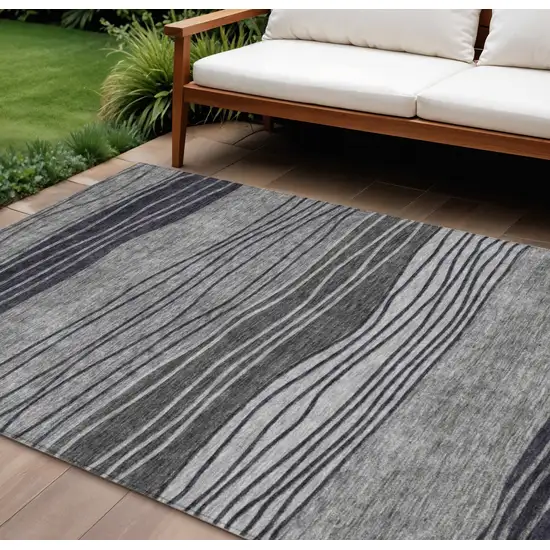 Gray Charcoal And Silver Striped Washable Indoor Outdoor Area Rug Photo 1