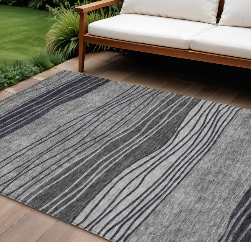 Gray Charcoal And Silver Striped Washable Indoor Outdoor Area Rug Photo 1