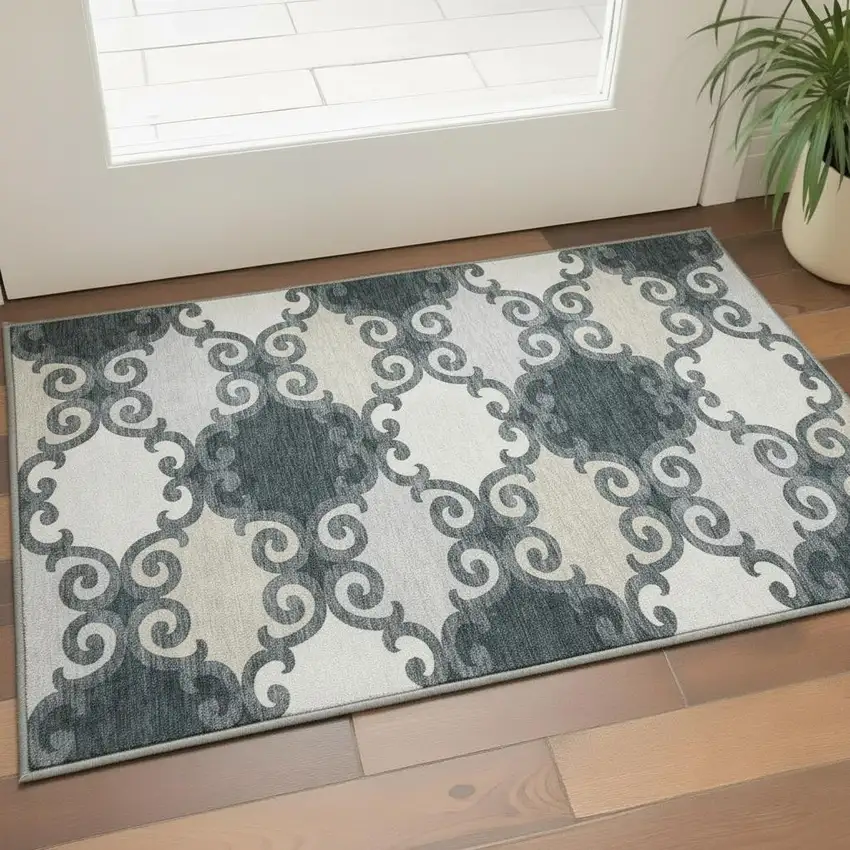 Gray Charcoal And Silver Trellis Washable Area Rug With UV Protection Photo 2