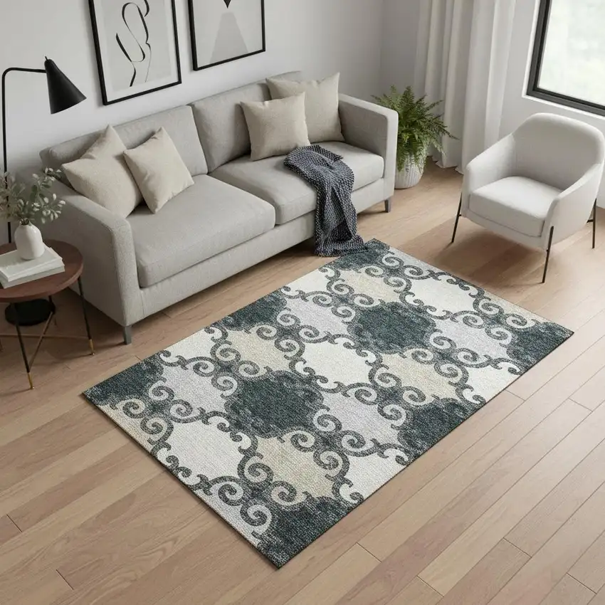 Gray Charcoal And Silver Trellis Washable Area Rug With UV Protection Photo 2