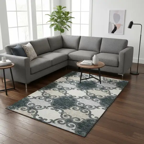 Gray Charcoal And Silver Trellis Washable Area Rug With UV Protection Photo 2