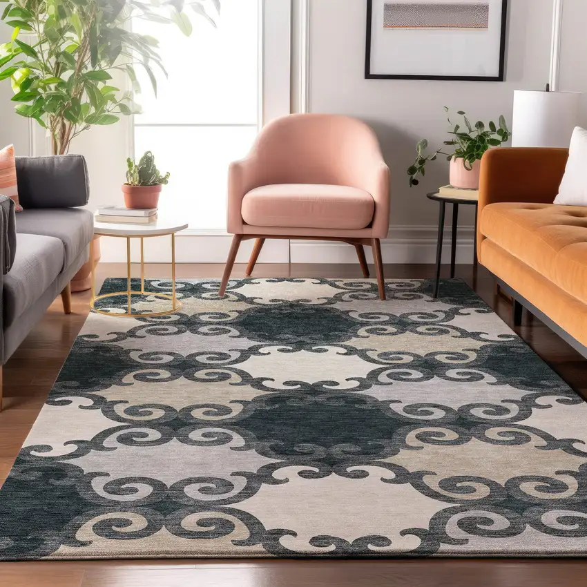 Gray Charcoal And Silver Trellis Washable Area Rug With UV Protection Photo 5