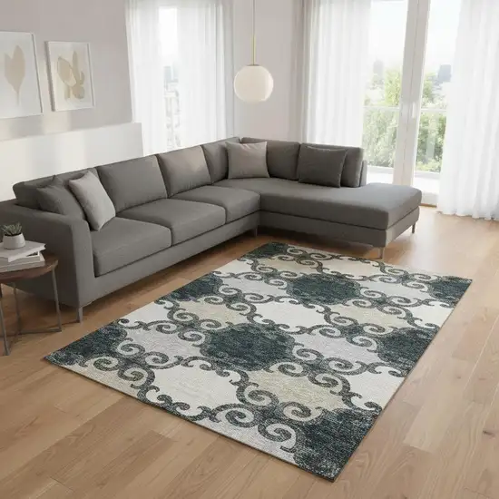 Gray Charcoal And Silver Trellis Washable Area Rug With UV Protection Photo 2