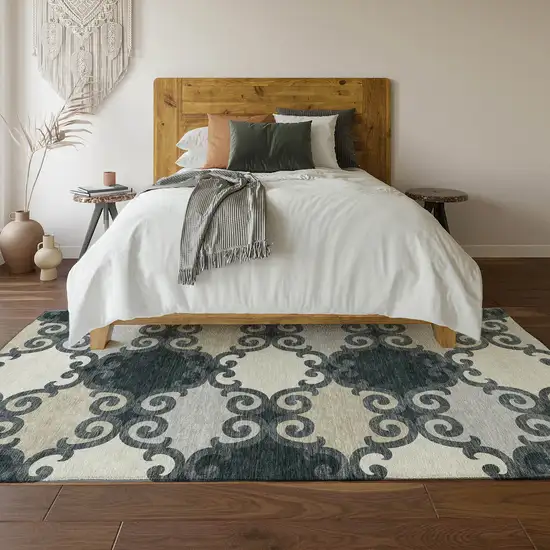 Gray Charcoal And Silver Trellis Washable Area Rug With UV Protection Photo 5