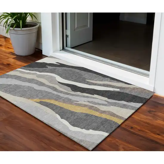 Gray Charcoal And Tan Abstract Washable Indoor Outdoor Area Rug Photo 1
