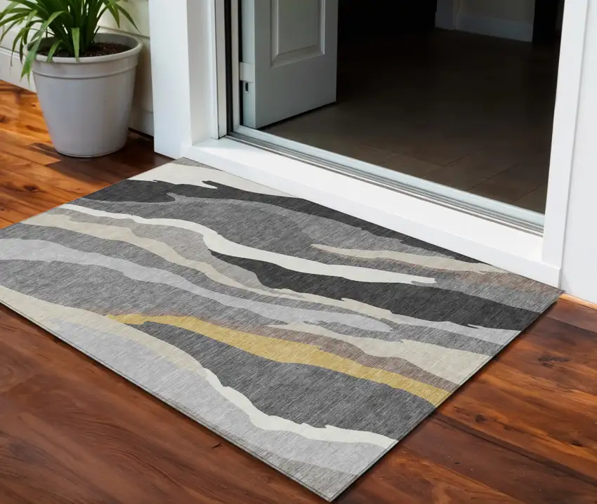 Gray Charcoal And Tan Abstract Washable Indoor Outdoor Area Rug Photo 1