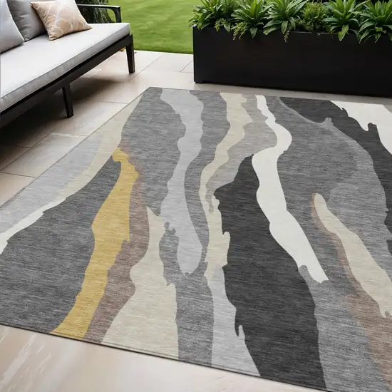 Gray Charcoal And Tan Abstract Washable Indoor Outdoor Area Rug Photo 1