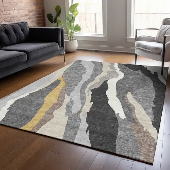 Gray Charcoal And Tan Abstract Washable Indoor Outdoor Area Rug Photo 9