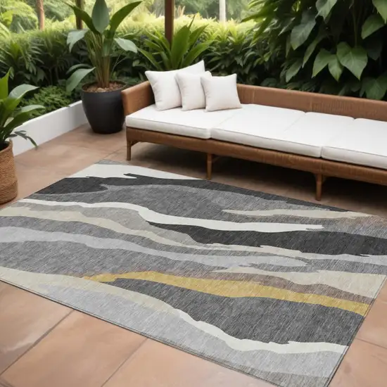 Gray Charcoal And Tan Abstract Washable Indoor Outdoor Area Rug Photo 1