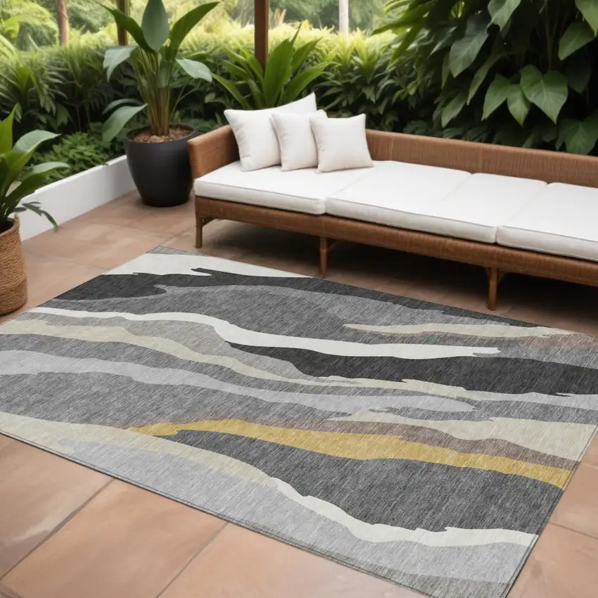 Gray Charcoal And Tan Abstract Washable Indoor Outdoor Area Rug Photo 1