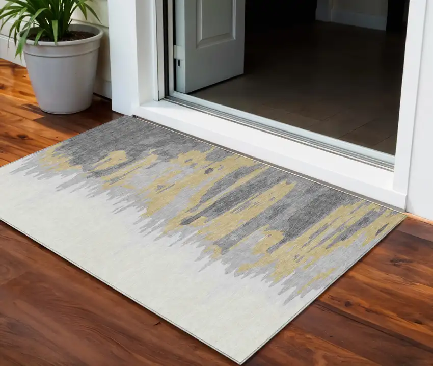 Gray Charcoal And Tan Abstract Washable Indoor Outdoor Area Rug Photo 1