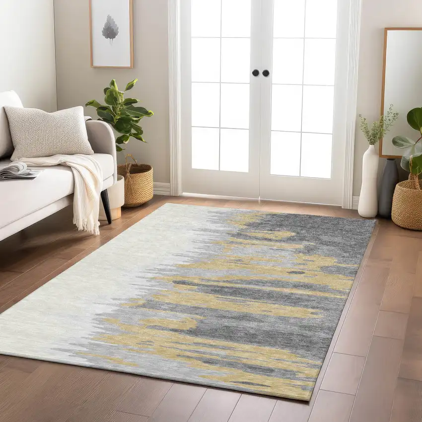 Gray Charcoal And Tan Abstract Washable Indoor Outdoor Area Rug Photo 9
