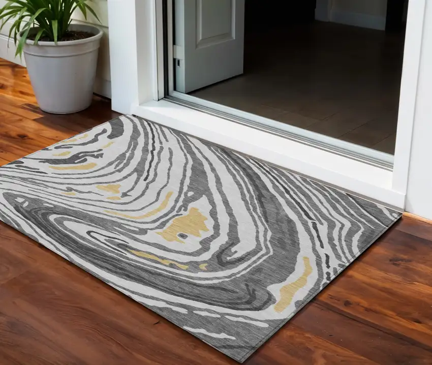 Gray Charcoal And Tan Abstract Washable Indoor Outdoor Area Rug Photo 1